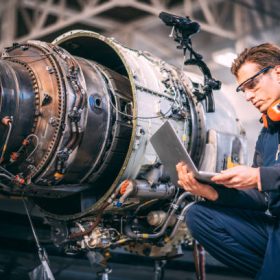 Aircraft engineer in a hangar holding laptop computer while repairing and maintaining a jet engine.